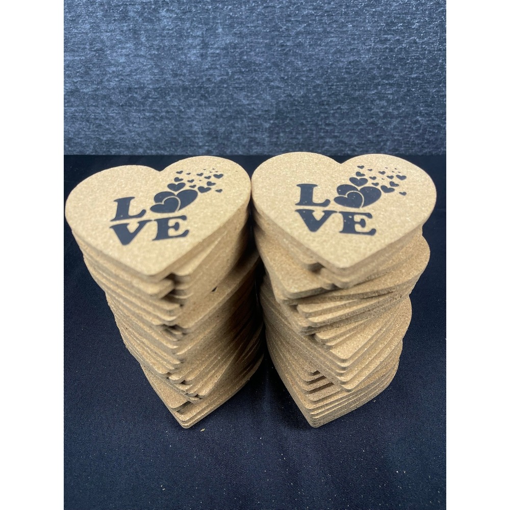60 Pack Heart Shaped Cork Coasters Love Graphic Natural Tan Rustic Wedding Decor